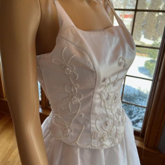 *LA Glo White Beaded Satin Strap X Back Bead Wedding Dress Bridal Gown Size 5 6 - Picture 4 of 13